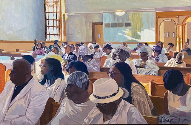 Painting of church patrons, men and women of color, in pews, mostly looking forward